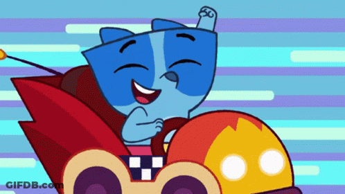Smiling Blue Cartoon Character Holding Yellow Circle GIF