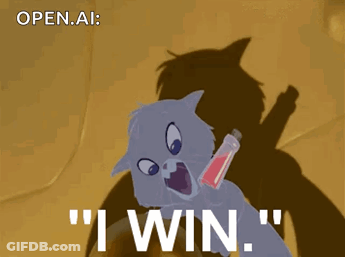 Smiling Cartoon Cat Holding I Win Bottle GIF