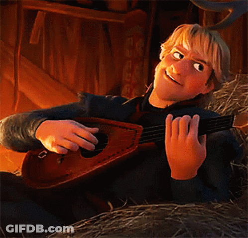 Smiling Cartoon Character Playing Guitar In Hay GIF