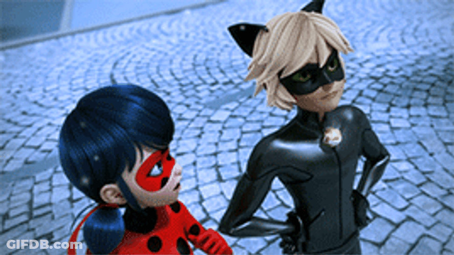 Smiling Chat Noir With Ladybug On Snowfall GIF