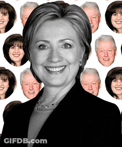 Smiling Hillary Clinton With Heads Falling Behind Her GIF