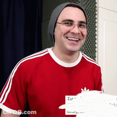 Smiling Man Red Adidas Shirt Gray Beanie GIF