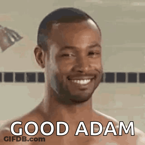 Smiling Shirtless Man In Shower Saying Good Adam GIF