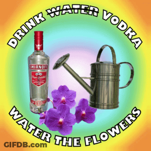 Smirnoff Vodka Bottle And Watering Can With Purple Flowers GIF