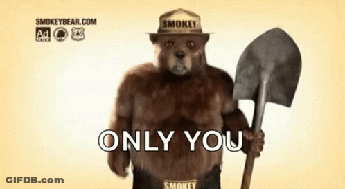 Smokey The Bear Is Wearing A Hat And Holding A Shovel And Says `` Only You '' . GIF