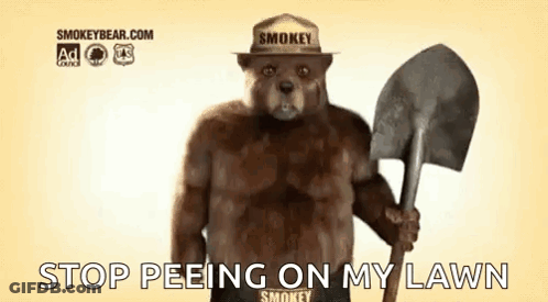 Smokey The Bear Is Wearing A Hat And Holding A Shovel And Says `` Stop Peeing On My Lawn '' . GIF