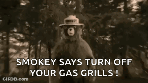 Smokey The Bear Is Wearing A Hat That Says Smokey Says Turn Off Your Gas Grills . GIF