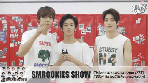 Smrookies Show Poster With Three Men In Front Of Lockers GIF