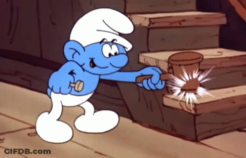 Smurf Holding Wooden Hammer In Front Of Stairs GIF