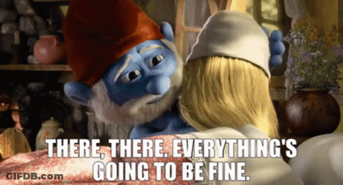 Smurf Hugging Another Smurf Saying There There Everything's Going To Be Fine GIF