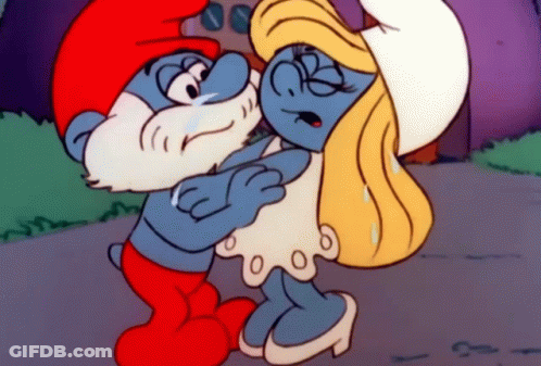 Smurf With Beard Hugging Smurf In White Dress GIF