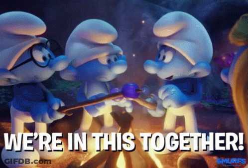 Smurfs Around Campfire Saying We're In This Together GIF