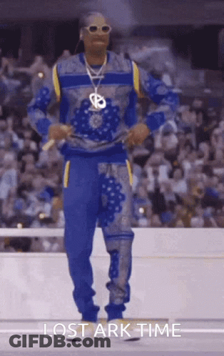 Snoop Dogg Is Dancing In Front Of A Crowd And The Words Lost Ark Time Are Below Him GIF