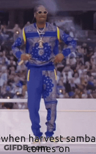 Snoop Dogg Is Dancing In Front Of A Crowd With The Caption " When Harvest Samba Comes On " At The Bottom GIF