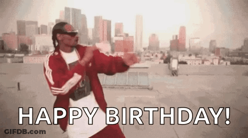Snoop Dogg Is Dancing On A Rooftop With The Words `` Happy Birthday '' Written Below Him . GIF
