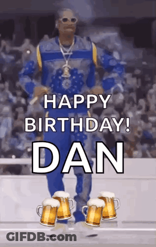 Snoop Dogg Is Dancing With Beer Mugs On His Feet And Says `` Happy Birthday Dan '' . GIF