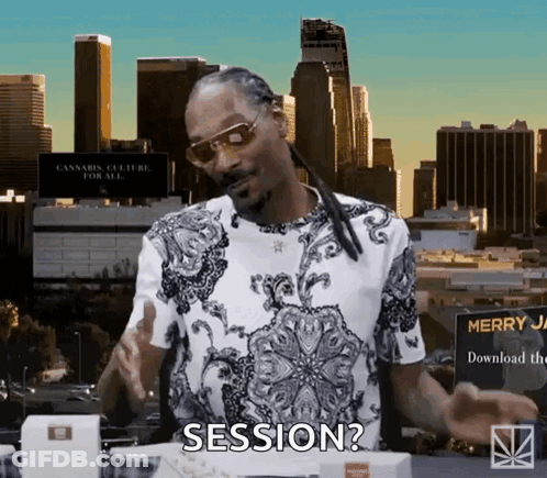 Snoop Dogg Is Wearing Sunglasses And A Paisley Shirt And Asking " Session " GIF