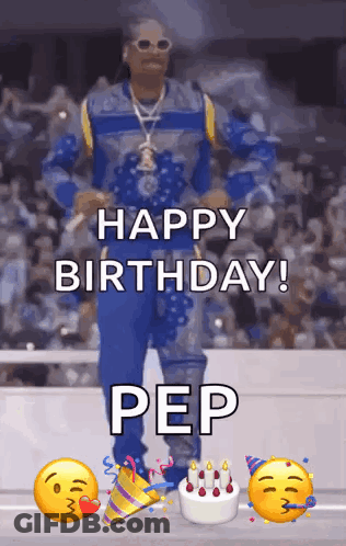 Snoop Dogg Says Happy Birthday Pep In Front Of A Cake And Party Hats GIF