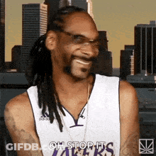 Snoop Dogg Wearing Lakers Jersey And Sunglasses GIF