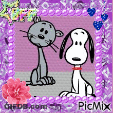 Snoopy And A Cat Are Sitting Next To Each Other In A Purple Frame GIF
