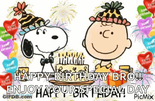 Snoopy And Charlie Brown Are Celebrating A Birthday With A Cake And Balloons . GIF
