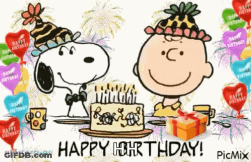 Snoopy And Charlie Brown Are Sitting At A Table With A Birthday Cake And Balloons . GIF