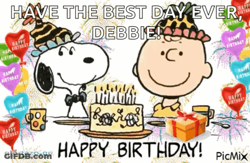 Snoopy And Charlie Brown Are Sitting At A Table With A Birthday Cake And Balloons . GIF