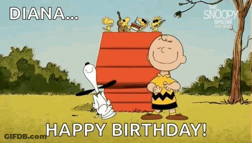 Snoopy And Charlie Brown Are Standing In Front Of A Snoopy House And Saying Happy Birthday . GIF