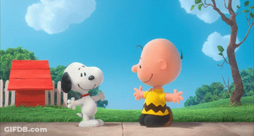 Snoopy And Charlie Brown Hugging In Front Of Doghouse GIF