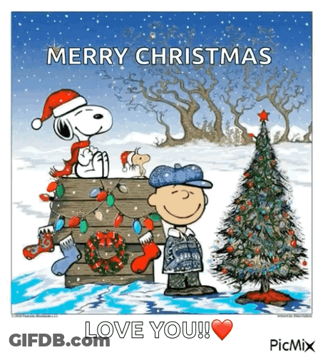Snoopy And Charlie Brown Next To Christmas Tree With Words Merry Christmas Love You GIF
