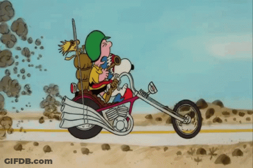 Snoopy And Charlie Brown Riding Motorcycle On Dirt Road GIF