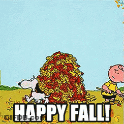Snoopy And Charlie Brown Standing By Leaf Pile Saying Happy Fall GIF