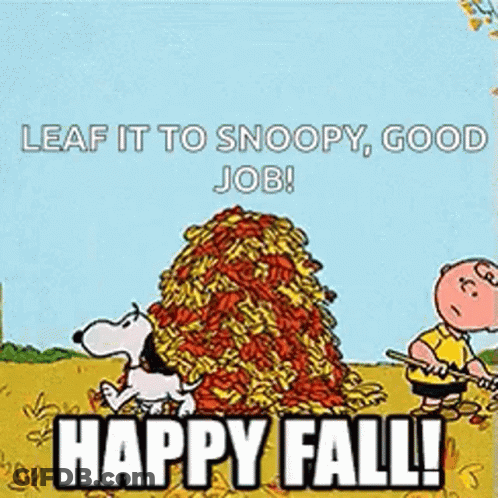 Snoopy And Charlie Brown Standing By Leaf Pile Saying Happy Fall GIF