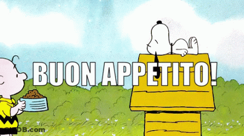 Snoopy And Charlie Brown With Buon Appetito Sign GIF