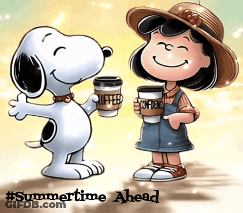 Snoopy And Lucy Holding Coffee Summertime Ahead GIF