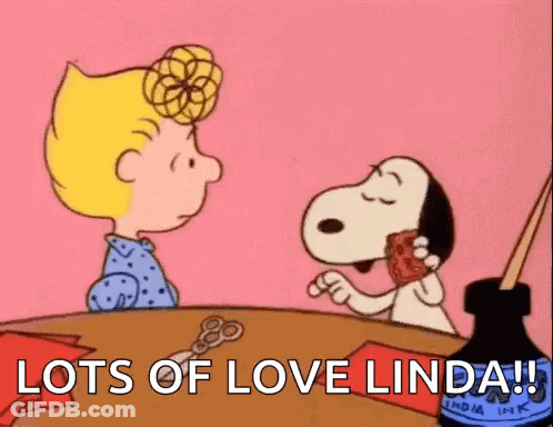 Snoopy And Lucy Sitting At Table Lots Of Love Linda GIF