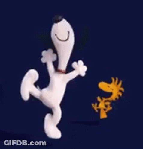 Snoopy And Woodstock Are Dancing Together In A Blue Background . GIF