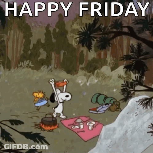 Snoopy And Woodstock Are Having A Picnic In The Woods And The Caption Says Happy Friday GIF