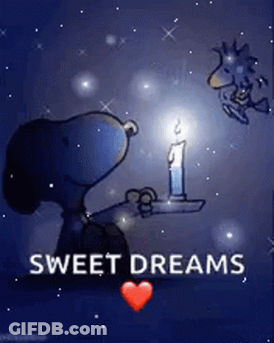 Snoopy And Woodstock Are Holding A Candle In Their Hands And Saying Sweet Dreams . GIF