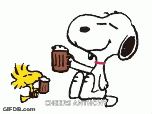 Snoopy And Woodstock Are Holding A Mug Of Beer And Cheering . GIF