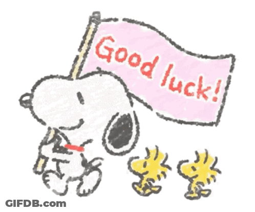 Snoopy And Woodstock Are Holding A Pink Flag That Says Good Luck GIF