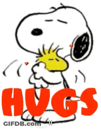 Snoopy And Woodstock Are Hugging Each Other With Hearts Coming Out Of Their Eyes . GIF