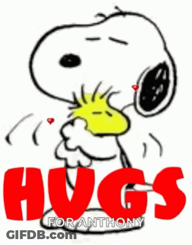 Snoopy And Woodstock Are Hugging Each Other With Red Hearts In Their Eyes . GIF