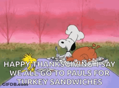 Snoopy And Woodstock Are Sitting At A Table With A Turkey Sandwich . GIF