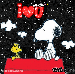 Snoopy And Woodstock Are Sitting On A Red Couch With A Heart That Says I Love You On It GIF