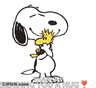 Snoopy And Woodstock Are Standing Next To Each Other And Hugging Each Other . GIF