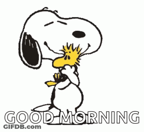 Snoopy And Woodstock Are Standing Next To Each Other With The Words `` Good Morning '' Written Below Them . GIF