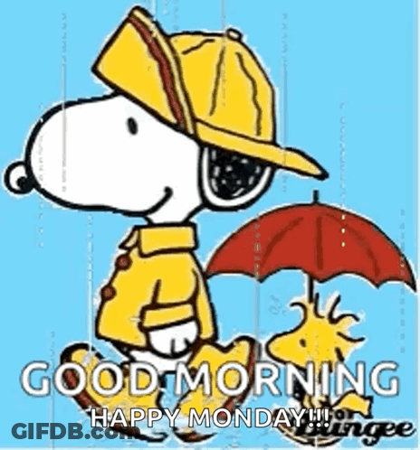 Snoopy And Woodstock Are Wearing Raincoats And Hats And Holding An Umbrella In The Rain . GIF
