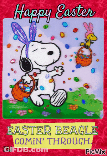 Snoopy And Woodstock Holding Easter Egg Baskets GIF