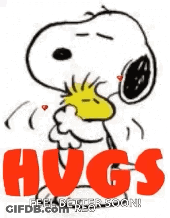Snoopy And Woodstock Holding Hearts Saying Hugs Feel Better Soon GIF